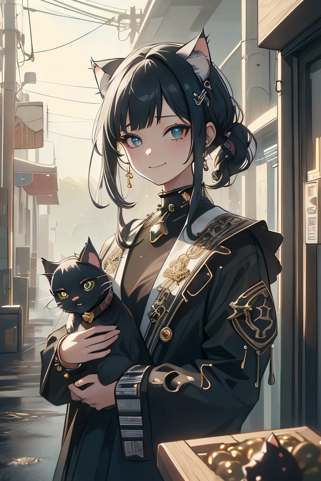 masterpiece, best quality, Ray tracing, hdr, volumetric lighting,(1girl and 1cat:1.5), cat on shoulder, cyborg girl, smile,upper body, post apocalypse, a pile of canned goods in the background, outdoor,((many jewels)), (rain of jewels:1.3)