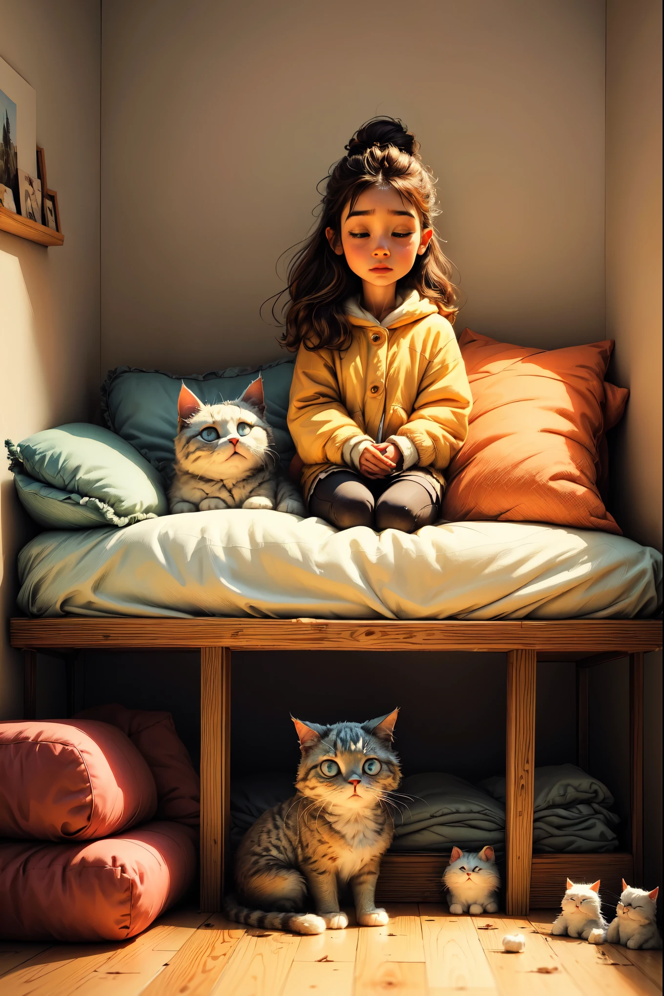 a 5 year old girl, beautiful fluffy cat, tender, idyllic, magical scene, beautiful children's room, (best quality, 4k, 8k, highres, masterpiece:1.2), ultra-detailed, (realistic, photorealistic, photo-realistic:1.37), warm lighting, vibrant colors, soft focus, fairy tale, dreamy, cozy, adorable, cute, whimsical, fantasy, enchanting, serene, peaceful, innocent, heartwarming, imaginative