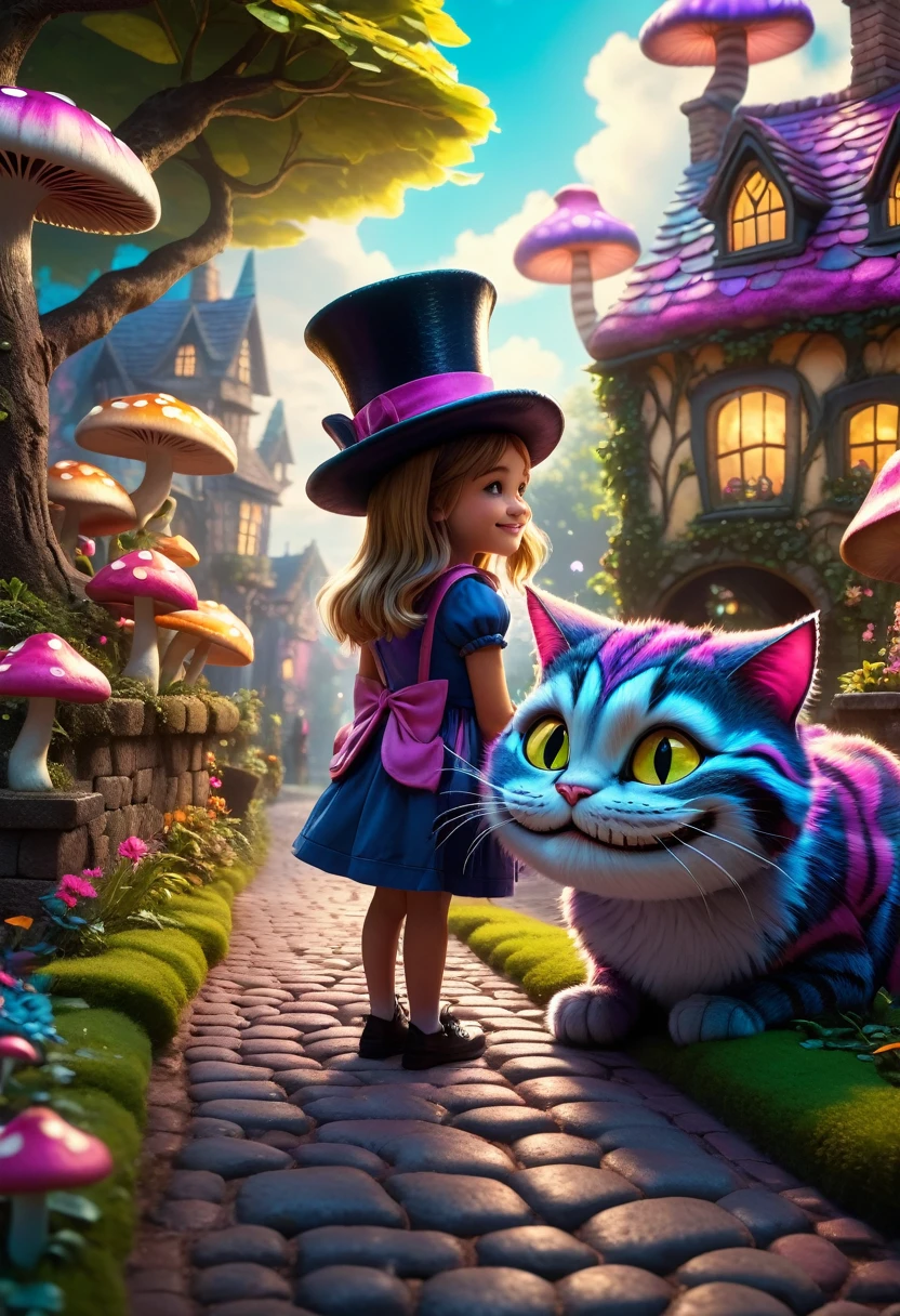 Side view, In a whimsical garden, a girl looks at ,a Cheshire cat wearing a top hat and smiling. The cobblestone road, floating mushrooms, surreal scenery, vibrant colors, cinematic lighting, dreamy atmosphere, highly detailed, 8k, realistic, masterpiece