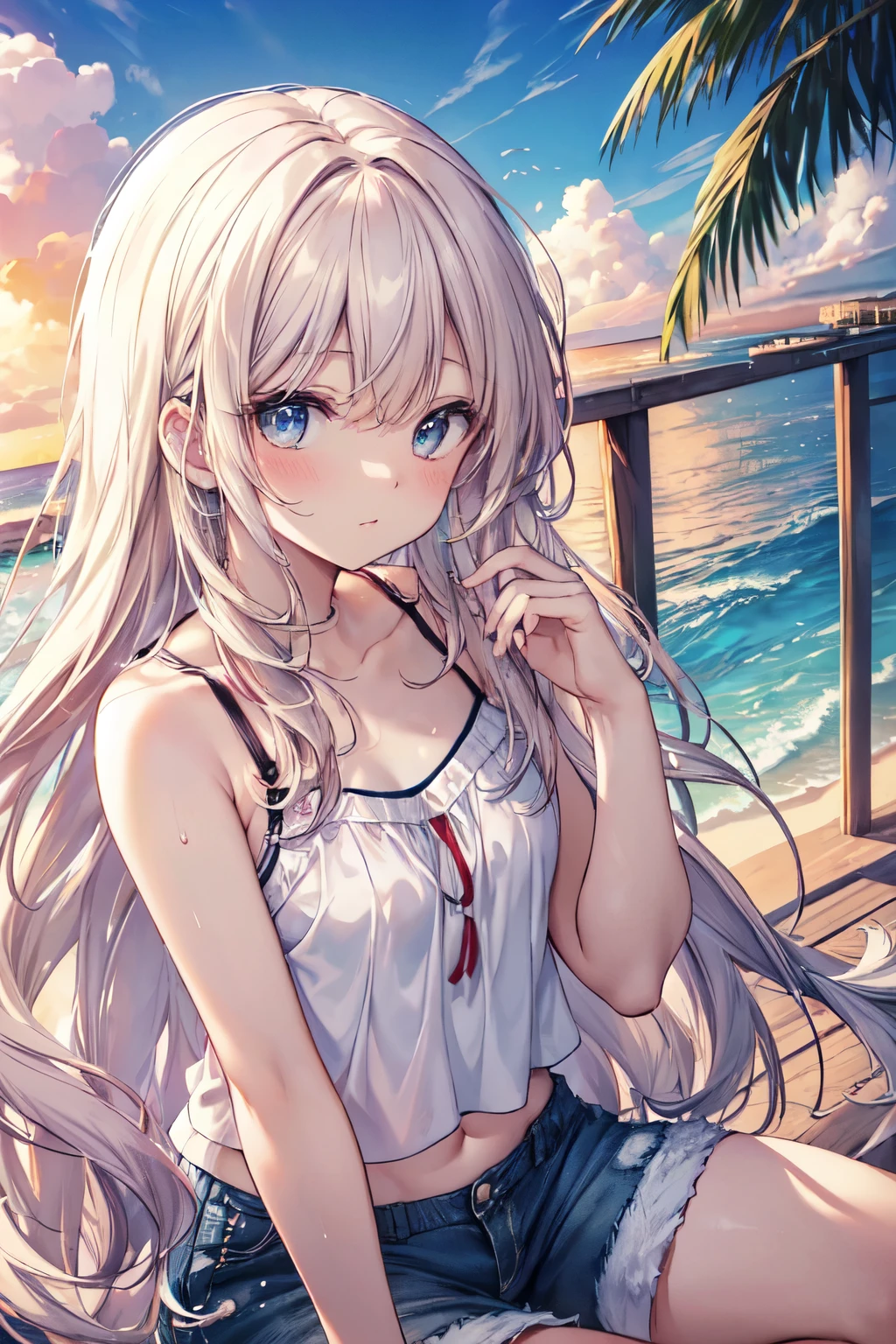 最high quality、Best image quality、masterpiece、Teenage Girl((18-year-old、 By becoming、Best Bust、Medium Bust,Camisole with wide open chest、blue eyes, Blonde Hair、Habitual hairstyle、Long Hair、thin,Highest valley、Blue shorts、Attractive face、sweating、like、Stay close to your audience、Leaning forward、Hair blowing in the wind)),high quality、Beautiful art、background((Hawaii、Waikiki、Palm tree、Beach、sunset))flying debris、Written boundary depth、movie、Visual Arts、Perfect art、8k,Genuine