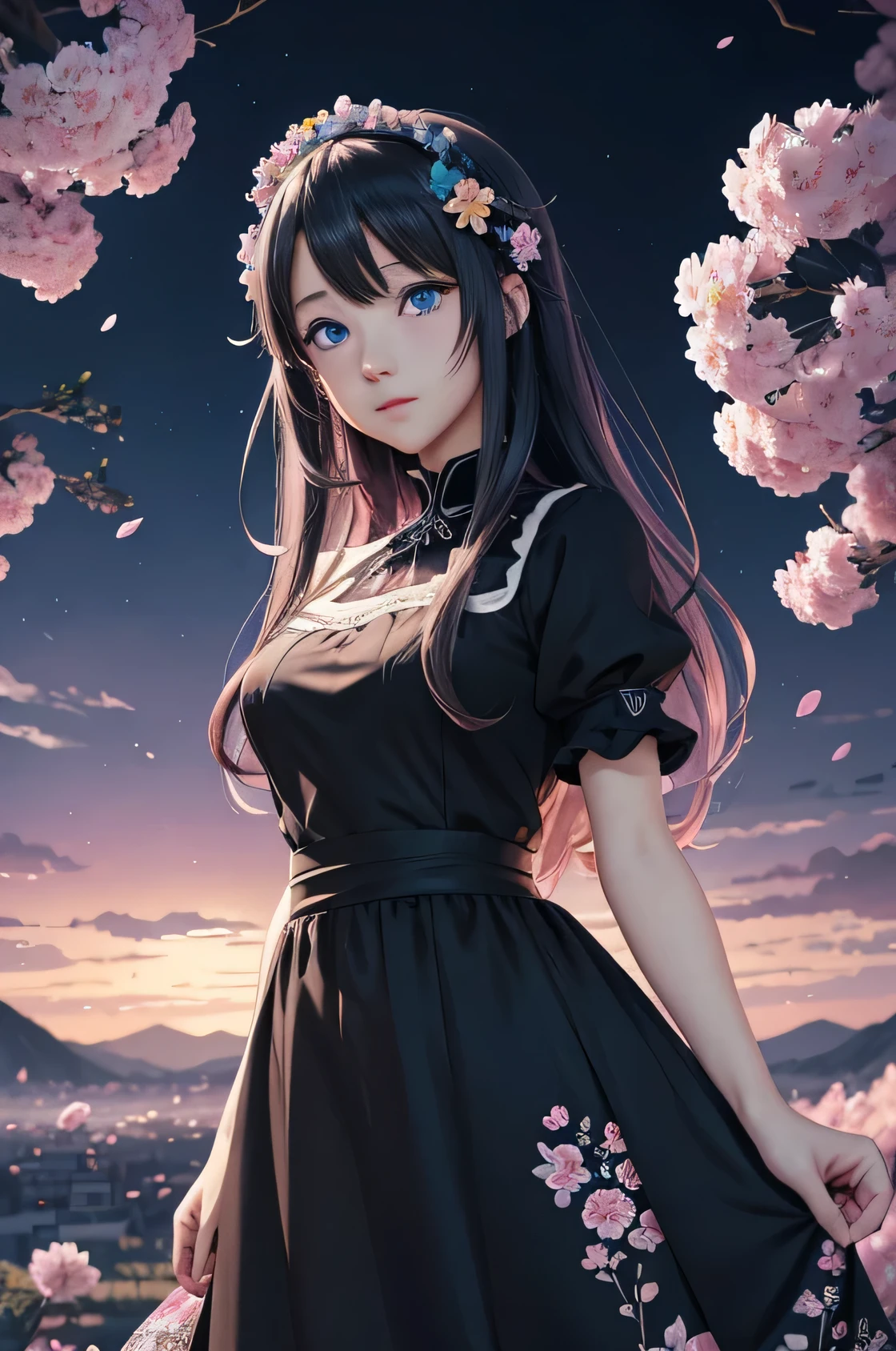 anime girl with blue eyes and a black dress with flowers in her hair, detailed digital anime art, anime art wallpaper 4k, anime art wallpaper 4 k, anime style 4 k, anime art wallpaper 8 k, anime fantasy artwork, beautiful fantasy anime, anime wallpaper 4k, anime wallpaper 4 k, 4k anime wallpaper, digital anime art, anime fantasy illustration