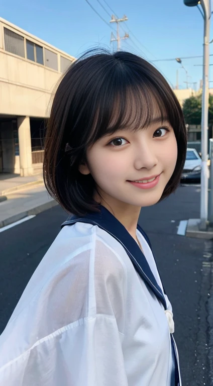 (run and jump)、highest quality,8K quality,masterpiece:1.3),(超High resolution,Photorealistic:1.4,RAW Photos),(Very detailed,Caustics,Detailed Background),(Ultra-Realistic Capture,Beautiful and detailed skin,Perfect Anatomy),At dusk,Sunset sky,School building,Schoolyard,18-year-old,cute,Black short bob,Looking at the camera,Laughter,、masterpiece, highest quality, High resolution, wallpaper, Realistic, Bright lighting, Professional Lighting, Face Light, Smooth lighting, Japanese Girls, ((Whole body 1.4)),Are standing, ,cute, smile, beautiful girl, gravure, sexy, so beautiful, Beautiful Skin, Beautiful and exquisite、Detailed face、slim、Moderate, short hair,、Schoolyard、Cheerfully、smile、skip、Teenage Girls Japanese Realisticな 10 generations Background Blur、Sailor suit、blue sky