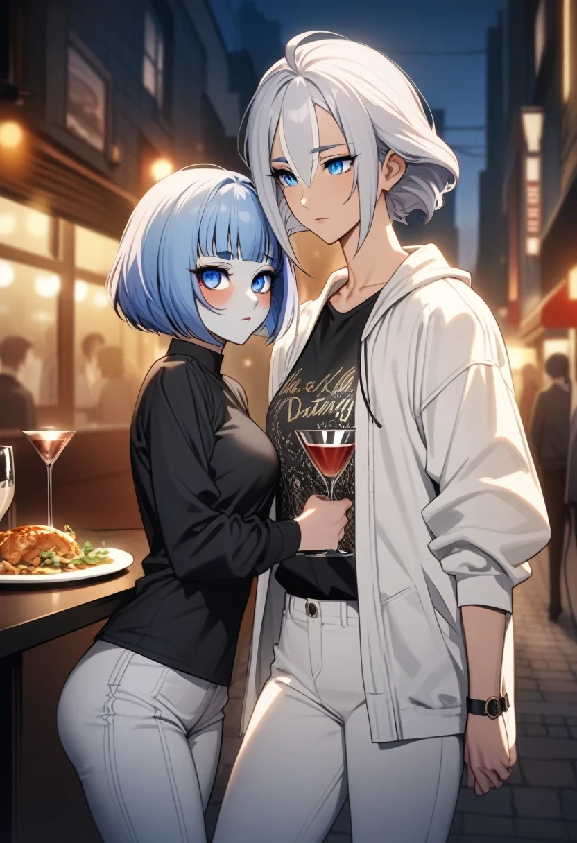 (shylily/(Twich/):1.5),(masterpiece:1.2),(best quality:1.2),A beautiful girl、slim、High、((Black Y-shirt and white pants、glamorous street style))、Please wear a jacket、Wear a hood to cover your face、(Detailed beautiful eyes)、Evening restaurant、((Dinner at the restaurant in the evening))、((Similar face shape to Carly Rae Jepsen))、(short hair)、((face smaller))、((Normal face))、((Bright blue eyes))、((Adult female 26 years old))、((Cool Lady))、((Like a celebrity))、((Expressionless))、((Korean makeup))、((Elongated and sharp eyes))、((Happy Dating))、