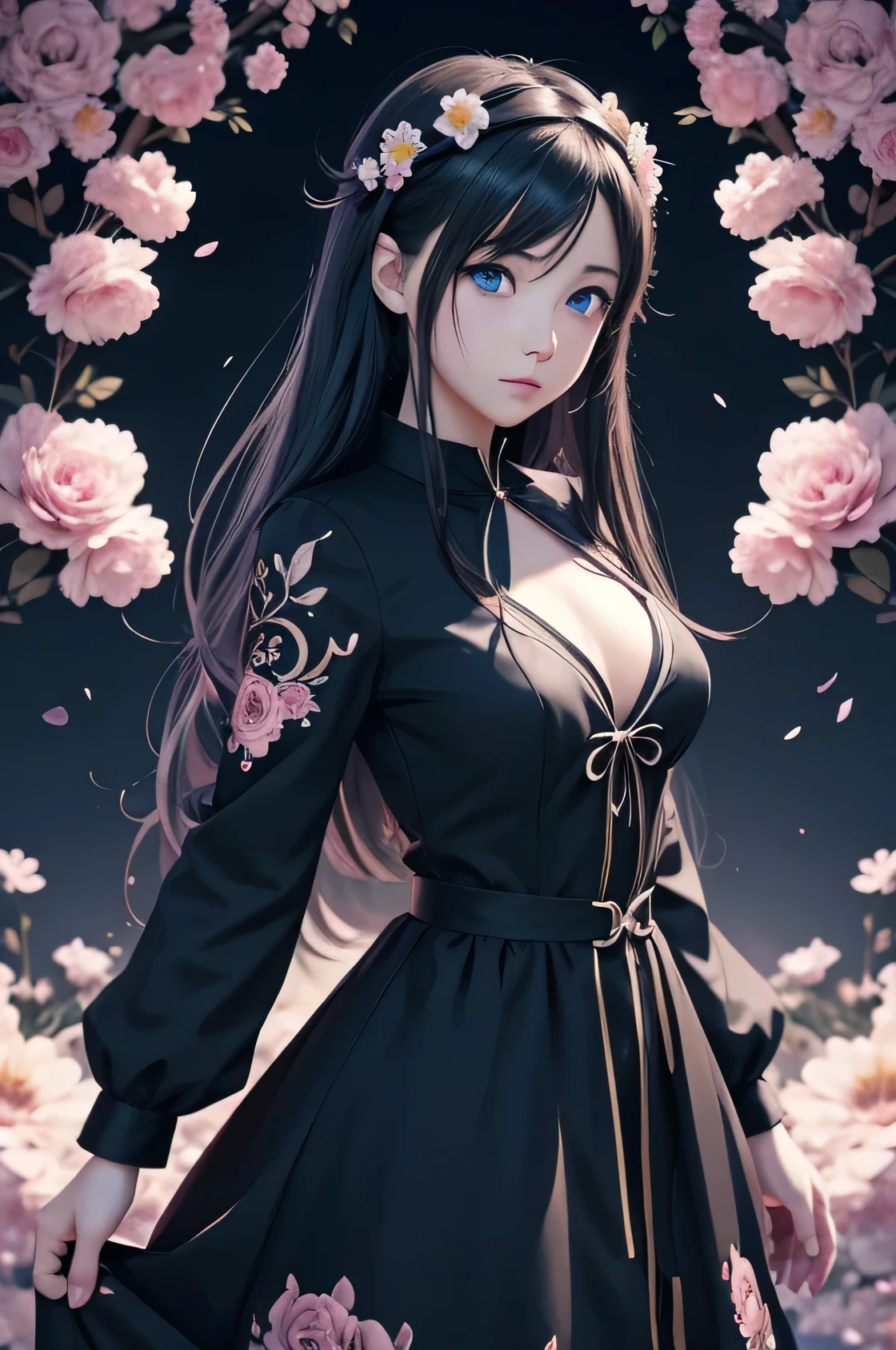 anime girl with blue eyes and a black dress with flowers in her hair, detailed digital anime art, anime art wallpaper 4k, anime art wallpaper 4 k, anime style 4 k, anime art wallpaper 8 k, anime fantasy artwork, beautiful fantasy anime, anime wallpaper 4k, anime wallpaper 4 k, 4k anime wallpaper, digital anime art, anime fantasy illustration