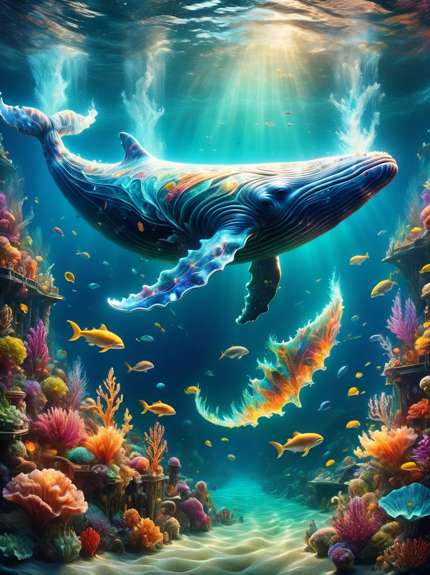 In a polluted Arctic sea, a whale swims with its enormous tail rising high above the water's surface. On the whale's back, there is an incredulous sight - a waste-processing plant producing more garbage. The scene captures the unbelievable depth of ocean pollution. Underwater, the view reveals a fantastical seascape filled with pollution. This highly detailed illustration combines realistic fantasy elements and magical realism, showcasing the underwater world with 3D rendering and matte painting techniques. The high-quality fantasy stock photo is a wide-angle fantasy artwork featuring underwater scenery, exceptionally clear and meticulously detailed with cinematic lighting effects, level,masterpiece,最高masterpiece,best quality,Rendering,Rich colors,rich and colorfulな呪文を唱える,Like a dream,details,detailed,,Vibrant colors,beautiful光と影,magic,Like a dream,inspiration,beautiful,Rendering,rich and colorful,wonderful,Light Particles,familiar,masterpiece,最高masterpiece,Artwork using light,artistic,familiar,Tyndall effect