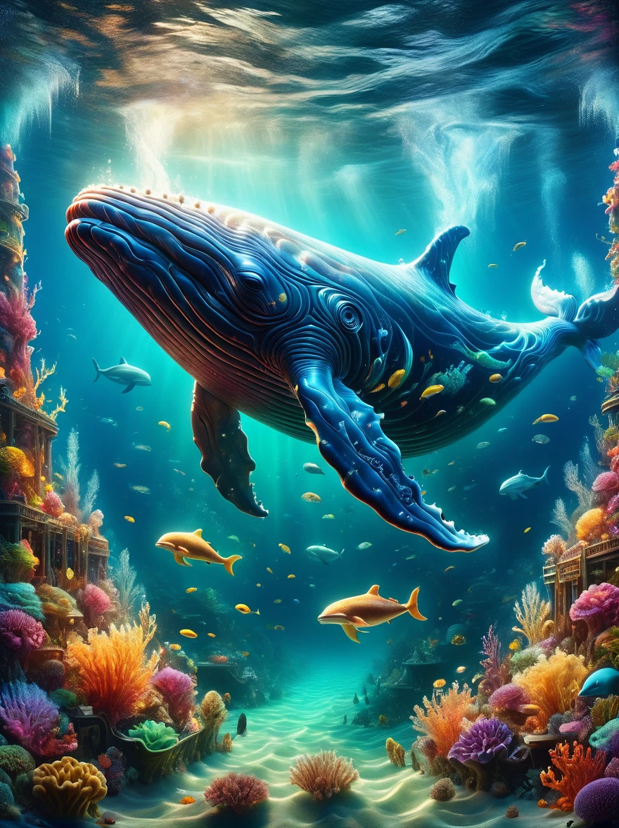 In a polluted Arctic sea, a whale swims with its enormous tail rising high above the water's surface. On the whale's back, there is an incredulous sight - a waste-processing plant producing more garbage. The scene captures the unbelievable depth of ocean pollution. Underwater, the view reveals a fantastical seascape filled with pollution. This highly detailed illustration combines realistic fantasy elements and magical realism, showcasing the underwater world with 3D rendering and matte painting techniques. The high-quality fantasy stock photo is a wide-angle fantasy artwork featuring underwater scenery, exceptionally clear and meticulously detailed with cinematic lighting effects, level,masterpiece,最高masterpiece,best quality,Rendering,Rich colors,rich and colorfulな呪文を唱える,Like a dream,details,detailed,,Vibrant colors,beautiful光と影,magic,Like a dream,inspiration,beautiful,Rendering,rich and colorful,wonderful,Light Particles,familiar,masterpiece,最高masterpiece,Artwork using light,artistic,familiar,Tyndall effect