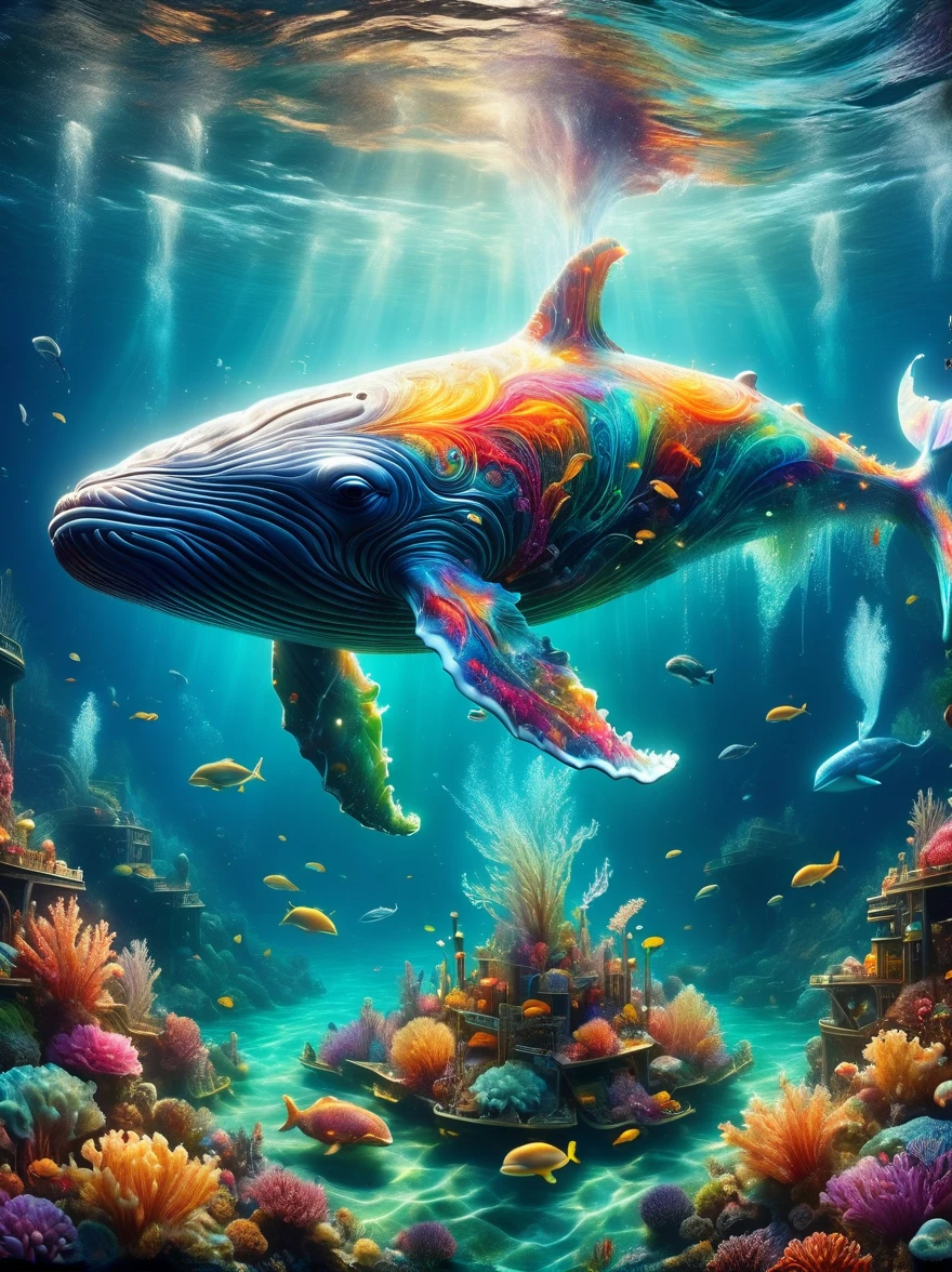 In a polluted Arctic sea, a whale swims with its enormous tail rising high above the water's surface. On the whale's back, there is an incredulous sight - a waste-processing plant producing more garbage. The scene captures the unbelievable depth of ocean pollution. Underwater, the view reveals a fantastical seascape filled with pollution. This highly detailed illustration combines realistic fantasy elements and magical realism, showcasing the underwater world with 3D rendering and matte painting techniques. The high-quality fantasy stock photo is a wide-angle fantasy artwork featuring underwater scenery, exceptionally clear and meticulously detailed with cinematic lighting effects, level,masterpiece,最高masterpiece,best quality,Rendering,Rich colors,rich and colorfulな呪文を唱える,Like a dream,details,detailed,,Vibrant colors,beautiful光と影,magic,Like a dream,inspiration,beautiful,Rendering,rich and colorful,wonderful,Light Particles,familiar,masterpiece,最高masterpiece,Artwork using light,artistic,familiar,Tyndall effect