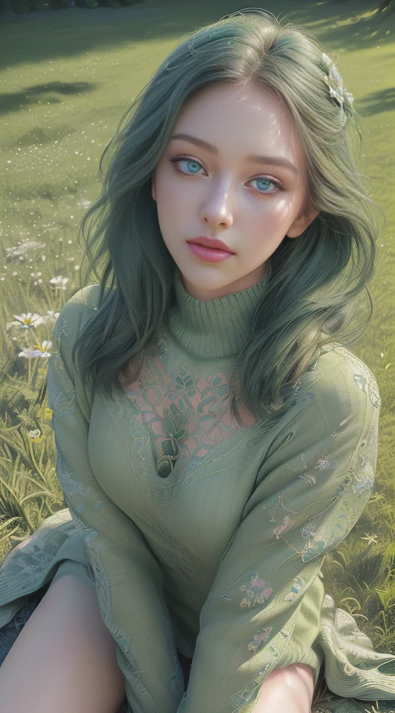 1girl, green sweater, beautiful detailed eyes, beautiful detailed lips, extremely detailed face, longeyelashes, sitting on grass, intricate floral background, (best quality,4k,8k,highres,masterpiece:1.2),ultra-detailed,(realistic,photorealistic,photo-realistic:1.37),digital painting,vibrant colors,soft lighting,warm color tone