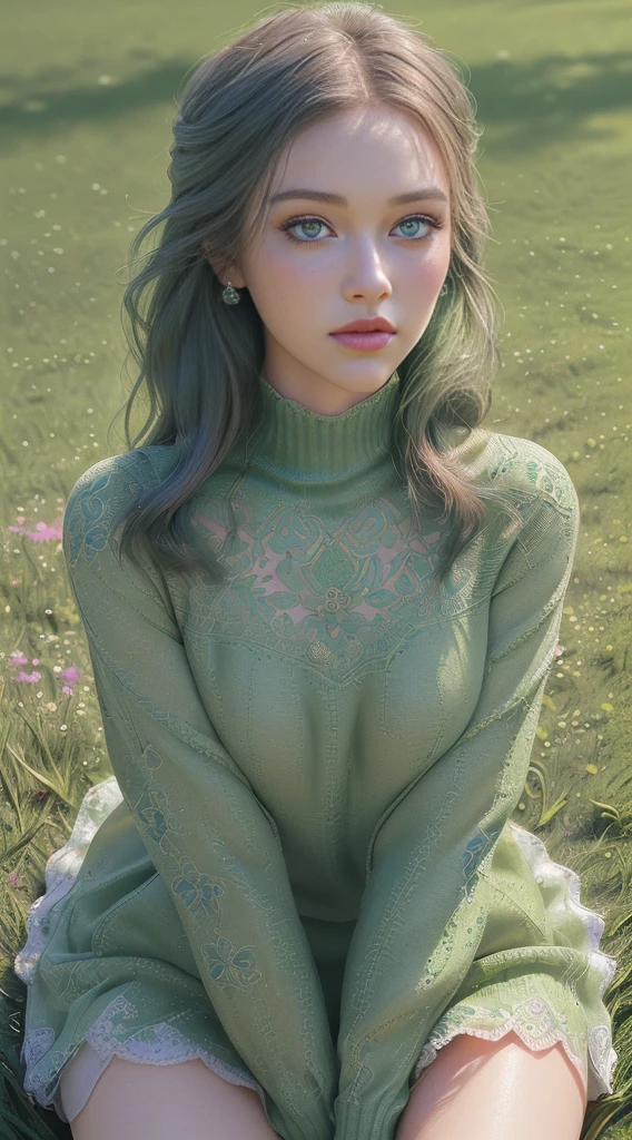 1girl, green sweater, beautiful detailed eyes, beautiful detailed lips, extremely detailed face, longeyelashes, sitting on grass, intricate floral background, (best quality,4k,8k,highres,masterpiece:1.2),ultra-detailed,(realistic,photorealistic,photo-realistic:1.37),digital painting,vibrant colors,soft lighting,warm color tone