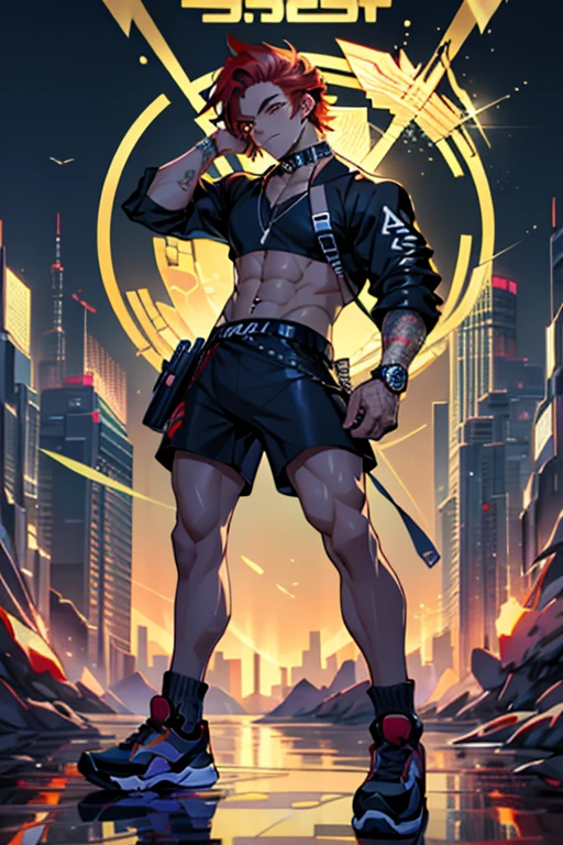 Crypto Trading Anime-style Man, Pixel Art, Digital Art, Vibrant Colors, Cryptocurrency Symbols, Bright Screens, Red Hair with Reflections, Unique Traits, Large Eyes, Emo-style Expression, Short Pants with Cryptocurrency Symbol Print, Knee Socks, Sports Shoes, Detailed Accessories, Crystals on the Neck and Fingers, Holographic Background, Ultra-High Resolution, Professional Quality, Award-winning Digital Art, 8K Animated GIF.