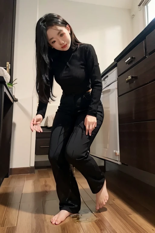 Vietnamese Girl sees the ghost and pees her black ao dai pants until her pants are wet in fright.