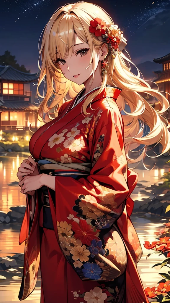 masterpiece, high quality, 4K, Beautiful design, silhouette,blonde, 非常に詳細な夜のStarry Sky,Flower Field, wonderful, Finer details, Very knowledgeable woman, Highly detailed solo, 1 female,Big Breasts,Red colored kimono,Night view,Starry Sky,full moon,