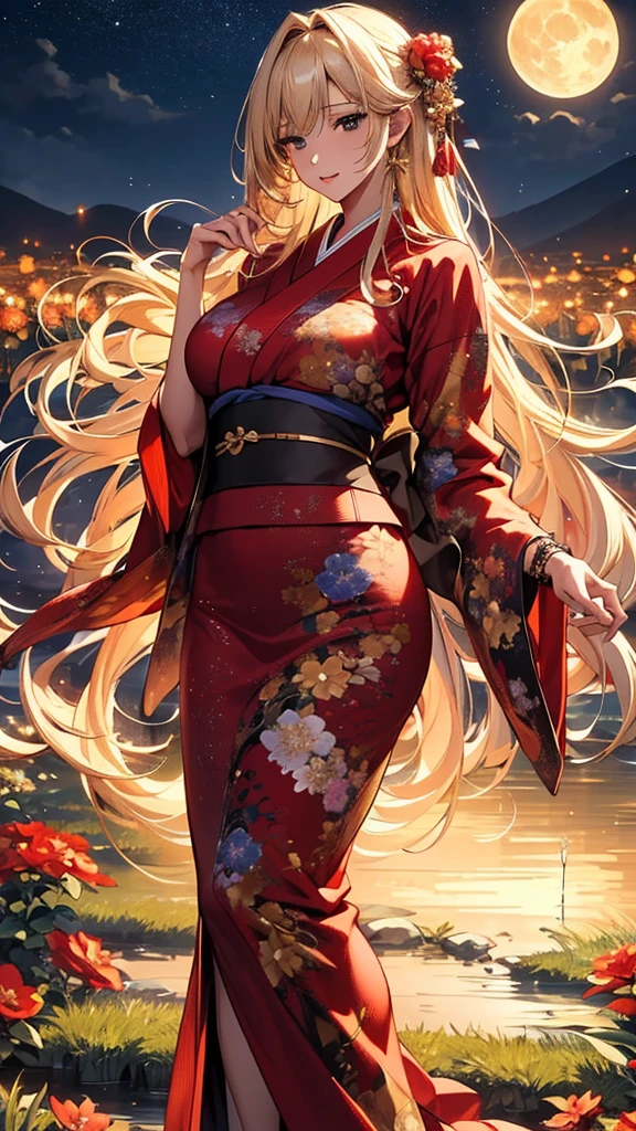 masterpiece, high quality, 4K, Beautiful design, silhouette,blonde, 非常に詳細な夜のStarry Sky,Flower Field, wonderful, Finer details, Very knowledgeable woman, Highly detailed solo, 1 female,Big Breasts,Red colored kimono,Night view,Starry Sky,full moon,