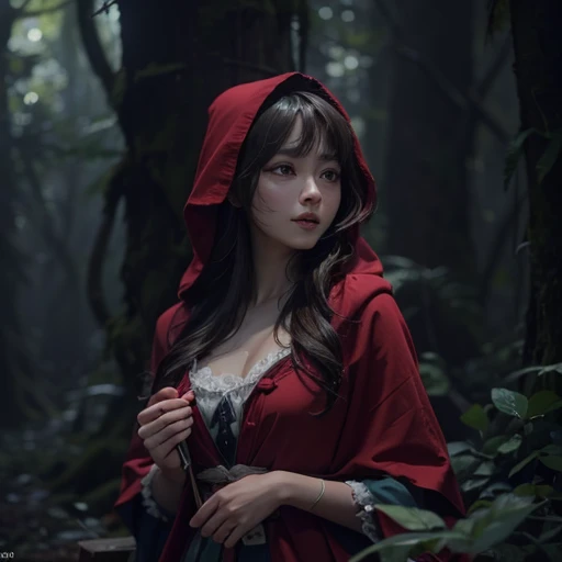 Standing in the forest、Hair flow、 ((highest quality、masterpiece、8k、Best image quality、Ultra-high resolution、Award-winning works)、(Accurate anatomy:1.1)、(Look at me and smile:1.hining fair skin with Ultra-high resolution、The most detailed face、Ultra-high resolution detailed face、Ultra-high resolutionの髪の毛、(Ultra-high resolution eye:1.1)、Beautiful face drawn in every detail、little red riding hood Costume , Chest to chest, Strange atmosphere, A real werewolf stares at her.., Dark Light, in the forest , Heavy makeup
