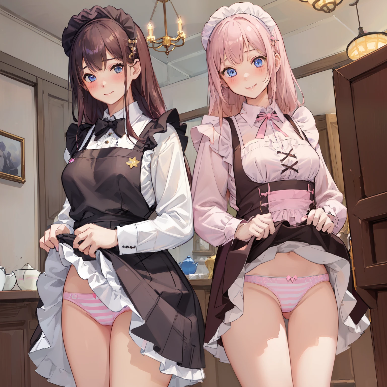 highest quality、masterpiece、((2 girls:1.5))、((smile:1.3))、(blush:1.3)、Black Shirt、blouse、((fun!!))、(Small breasts)、()、Blonde、(Long sleeve)、((White apron:1.5))、((Maid))、((hair ornaments)),、Kamimei、look at me、 ((in house:1.5))、 Taking a break from watching the audience、Cowboy Shot、(Skirt lift:1.3),(Highly detailed pink striped panties:1.3)、(Highly detailed panties:1.3)、、(スカート that rolls up:1.3)、(Panties fully exposed:1.5)、Light blue eyes、long hair、Glowing Eyes