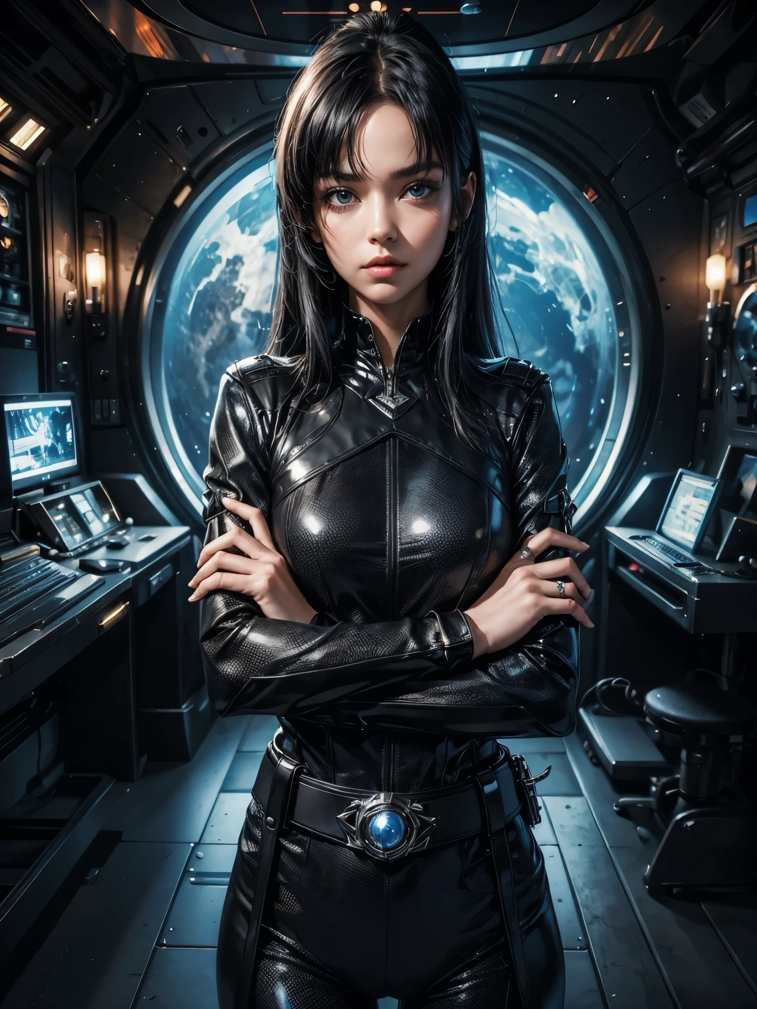  beautiful woman. She has black hair with bangs down.she has his arms folded. He is looking at the camera with a challenging expression. She wears a black, metallic combat uniform. Around his waist he wears a belt with a large round blue jewel embedded in it. She is inside a spaceship, and behind her is the spaceship's luxurious command seat. Beautiful double eyes. The bridge of my nose. Well-shaped lips.