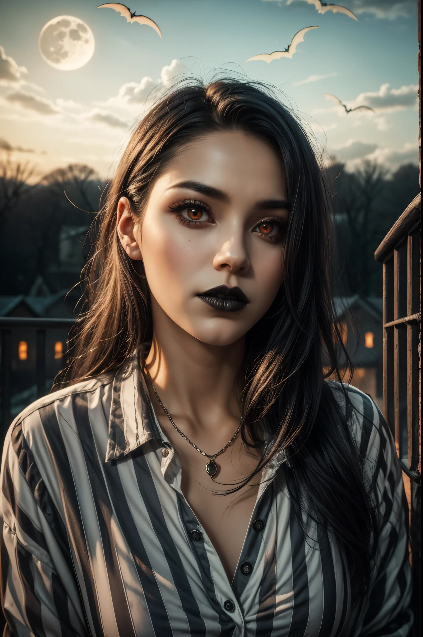 arafed woman with long hair and a striped shirt looking at the camera,(masterpiece),(vampire),(unrivalled quality:1.4), ultra-high resolution,hyperrealistic, dark fantasy portrait, (sharp focus:1.1), photo of a vampire,gothic horror vibes, Guweiz-style art, dark fantasy mixed with realism, gothic aesthetic, gothic art style,HalloweenGlowStyle,red eyes,black lips,bats, gothic architectural style, full moon, moonlight,clean face