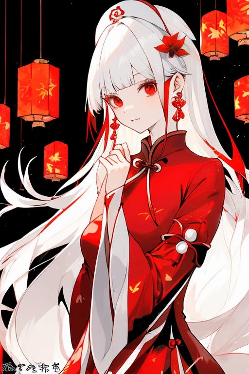 Red exquisite cheongsam cheongsam，，long white hair，Half tied head，Exquisite and compact headwear，Slim figure，maple leaf，woods，