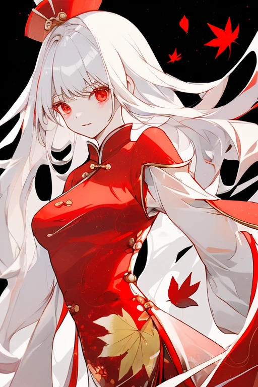 Red exquisite cheongsam cheongsam，，long white hair，Half tied head，Exquisite and compact headwear，Slim figure，maple leaf，woods，