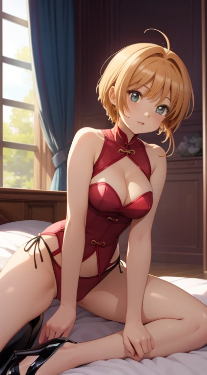 masterpiece, best quality, highres, perfect pixel, depth of field, 1girl, single, solo, beautiful anime girl, beautiful artstyle, (detailed face), (blush), anime CG style, (medium breasts), good lighting, perfect body, lips parted, (sakura kinomoto), glossy lips, (sleeveless cheongsam), cleavage, (high heels) sexy anime girl, on the bed, legs spread apart, seducing pose, sexy pose, extremely horny braless, thin panties