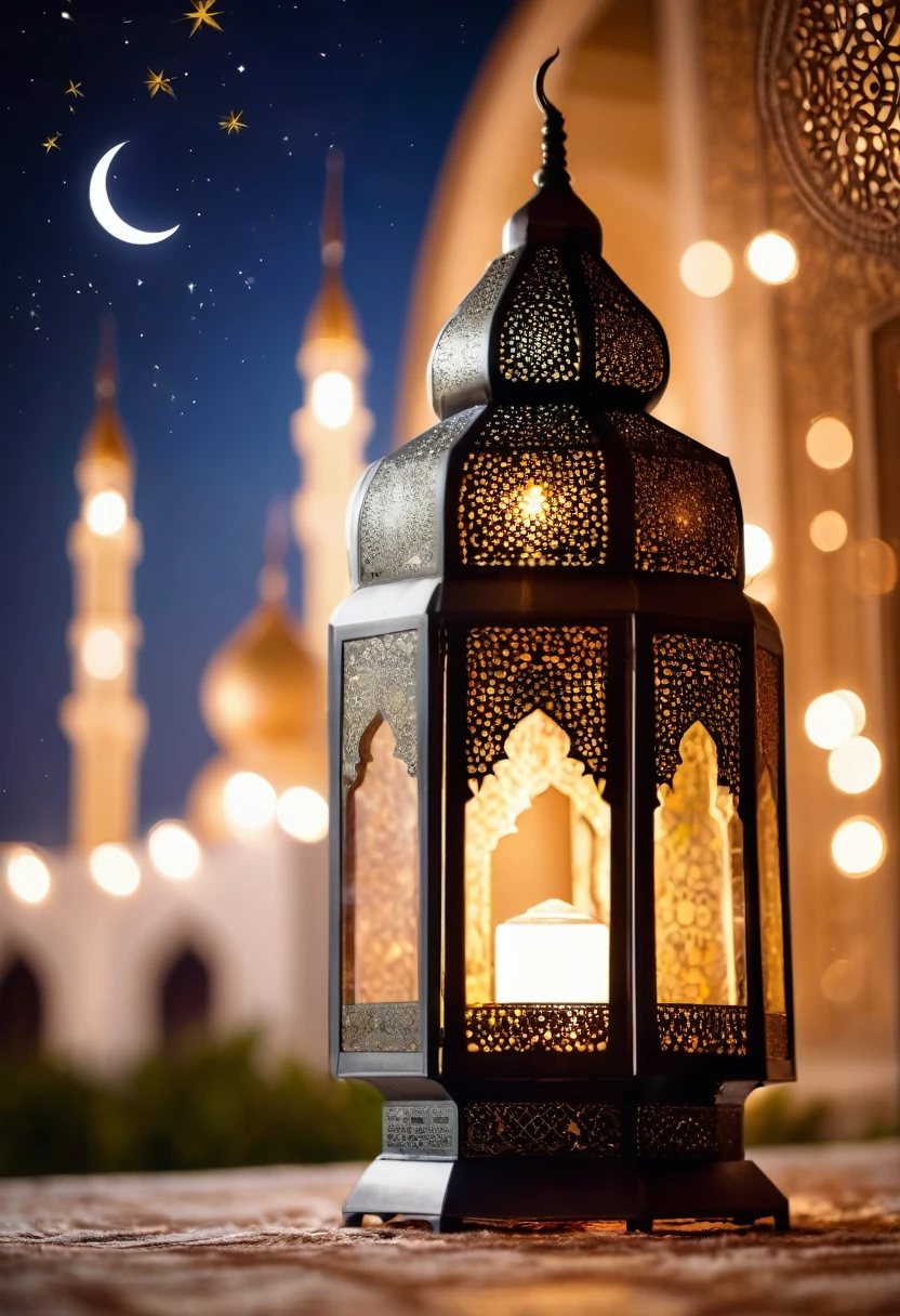 Detail photo of an Islamic lantern against the backdrop of a blurred mosque decorated with stars and the moon for Eid al-Fitr celebrations.