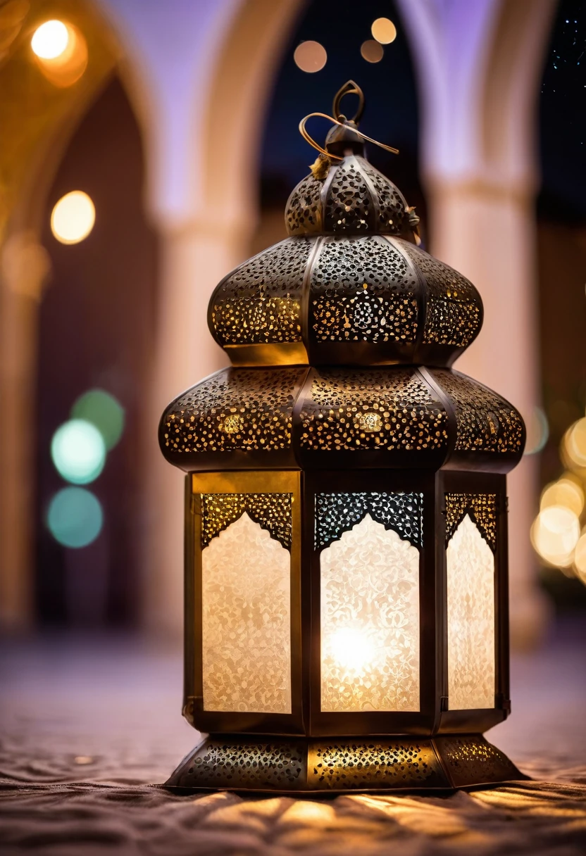 Detail photo of an Islamic lantern against the backdrop of a blurred mosque decorated with stars and the moon for Eid al-Fitr celebrations.
