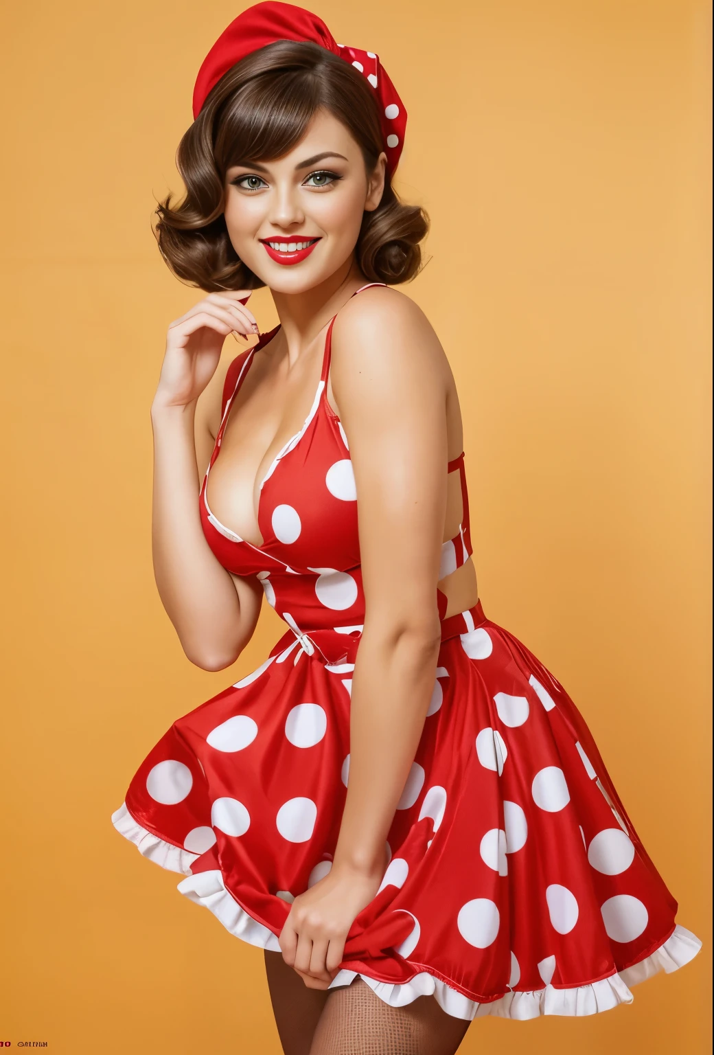 Full length photo of a girl, realistically portraying a 35 year old woman as sexy Phoebe Tonkin and emotional she has big green eyes. She has brown hair, one eye is closed creating a mysterious and sexy image. Model dressed in pin-up style, bob haircut with bangs-roller. Her plump red lips make her look sexy. She has small breast size. She portrays an American housewife, posing in various sexual positions. Against a white background, she appears in a red retro dress with large polka dots with a fluffy, voluminous ballerina skirt. She has a red bandana on her head, and on her feet there are red stockings. The photo is made in pin-up style, emphasizing the retro-USA vibe. Her sexy look, she looks at me, and blows a kiss, give the photo a special charm. she is surprised, she is flirting, her mouth is open, she is laughing, one eye is closed, one eye is closed