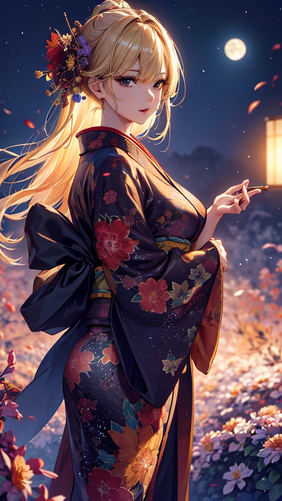 masterpiece, high quality, 4K, Beautiful design, silhouette,blonde, 非常に詳細な夜のStarry Sky,Flower Field, wonderful, Finer details, Very knowledgeable woman, Highly detailed solo, 1 female,Big Breasts,Red colored kimono,Night view,Starry Sky,full moon,