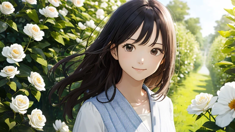 The subject appears far away、Shiraishi Mei, Looks exactly like Shiraishi Mei, A kind smile, Bob Hair, Two people、Dark brown hair, (((2 girls))), 18-year-old, photograph, Realistic, highest quality, Detailed face, Strong sunlight, Diffused sunlight, Written boundary depth, Bokeh (highest quality: 1.5), (masterpiece: 1.2), Watch Viewer, one piece, White Theme, Thin Blue Stripes,very A broad perspective、There is a flower field in the background.、I'm in a flower garden,(((Panorama:1.2))),(Bokeh),Long Shot,A broad perspective