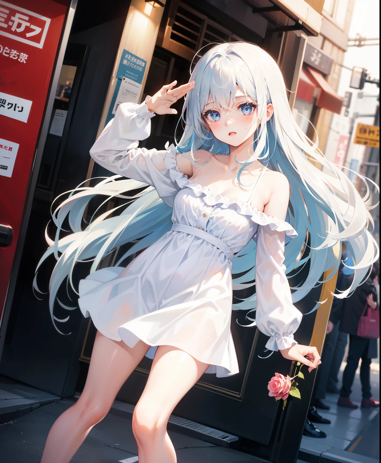 1 girl, , Dynamic posing, dynamic angle, Arrange pose,Top quality work,Show Legs,(long white hair),(blue eyes), Rose cheeks, Pretty Face, A perfectly proportioned face, casual mini dress, tokyo street, round small breasts, summer