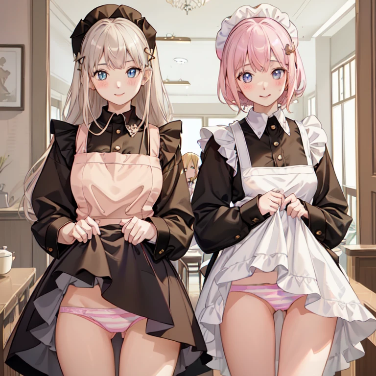 highest quality、masterpiece、((2 girls:1.5))、((smile:1.3))、(blush:1.3)、Black Shirt、blouse、((fun!!))、(Small breasts)、()、Blonde、(Long sleeve)、((White apron:1.5))、((Maid))、((hair ornaments)),、Kamimei、look at me、 ((in house:1.5))、 Taking a break from watching the audience、Cowboy Shot、(Skirt lift:1.3),(Highly detailed pink striped panties:1.3)、(Highly detailed panties:1.3)、、(スカート that rolls up:1.3)、(Panties fully exposed:1.5)、Light blue eyes、long hair、Glowing Eyes