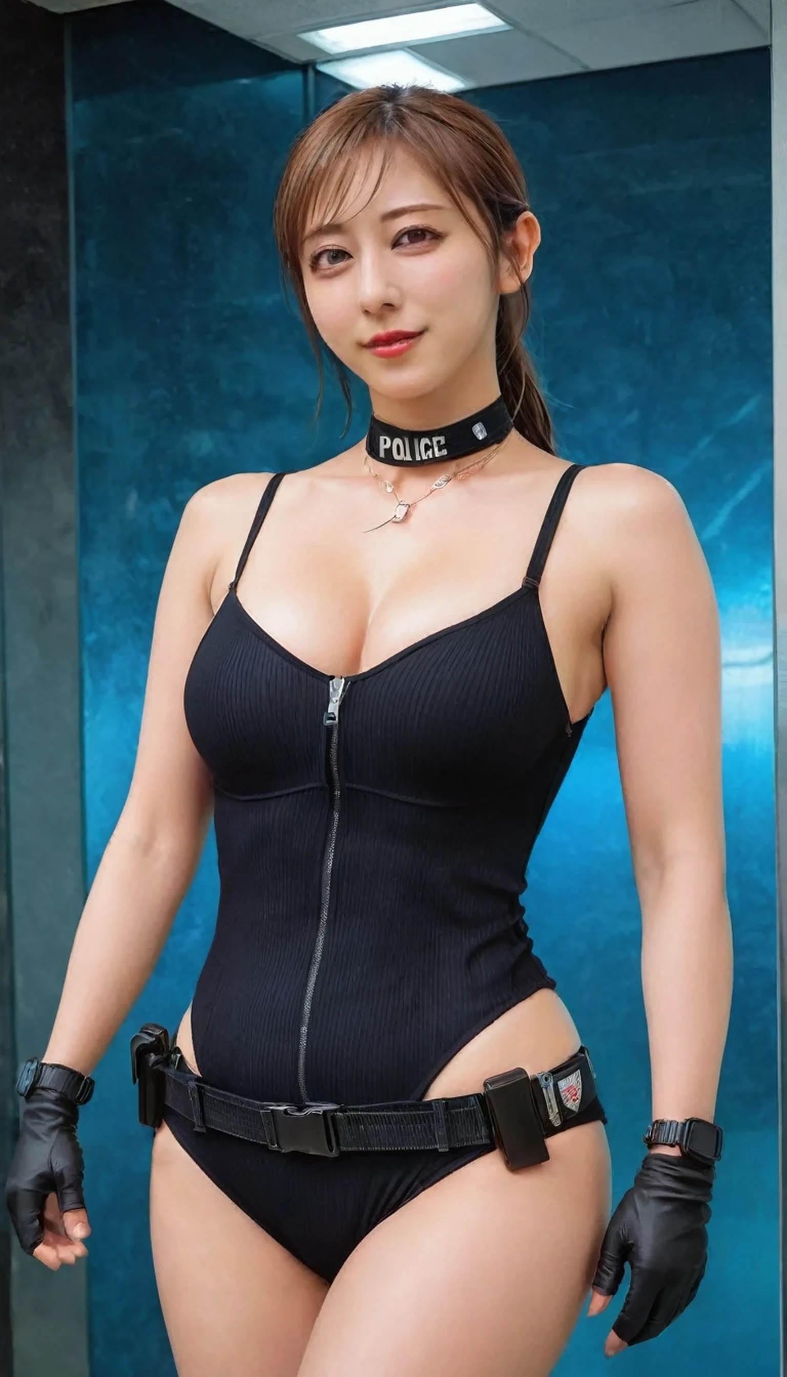 ((A beautiful female police officer takes off her clothes to show off that she doesn't have a gun so as not to provoke the criminal, her clothes are torn and her skin is exposed, her nipples are clearly visible even through her clotheain body) Slimy and sweaty body with lotion), (body like a supermodel), (highest image quality, realistic expression), (choker, fullnude)