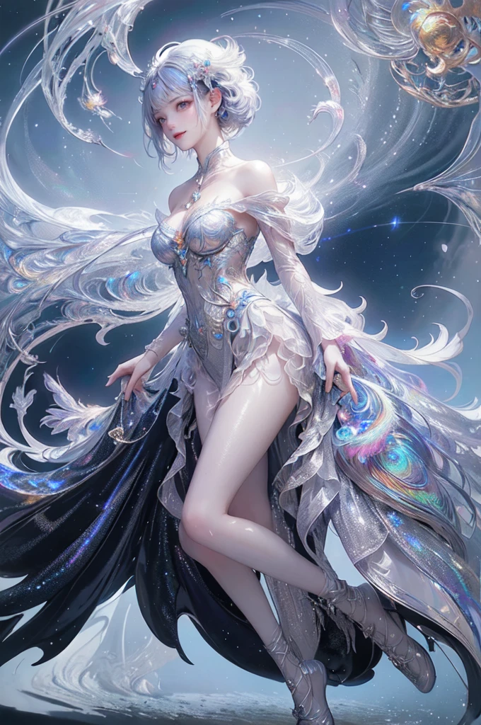 (((Front view shot illustration,full body,s fractal art)))，Mechanical with peacock feathers as background，1girl，Mechanical joints，Transform limbechanical punc，Peacock feathered punk，Circular background composition，insanely detailed and intricate, hypermaximalist, elegant, ornate, Fluorescent color, Look to the side, Beautiful face, Beautiful eyes, (Off-the-shoulder: 1.2), Upper body, Shiny hair, Shiny skin, Glow-emission cut, Finger proportions are coordinated, Dark, pov, dynamic angle, (((masterpiece))), (((best quality))), ((ultra-detailed)), (illustration), (detailed light), ((an extremely delicate and beautiful)), dramatic_shadow, ray_tracing, reflection, Super high resolution, laser