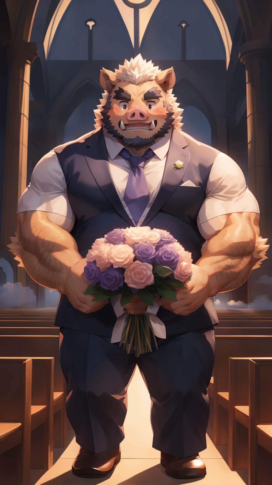 Solitary, anthropology, hairy, male, Wild Boar, ((fluffy fur, hairy body)), (Wild Boar印), (Thick eyebrows), youth, muscular, White skin, White big muscle, Golden pupils, de-tailed teeth, defaced face, Pig nose, Fundos, bridegroom, White shirt, Black suit, Purple tie, Holding a bouquet of purple roses, Standing in front of the church, Small bump, Shy expression, A faint smile, blush, Look down at the audience, Half sideways, Clear facial features, (Bottom view:1.4), Strong, majestic, solitary, Full body image, Fog atmosphere, early morning, Tyndall rays, Church doorway, White Dove (through empty ghost, From boar20, masterpiece, high quality, high resolution,8k), permanent, Bust, (Vision)