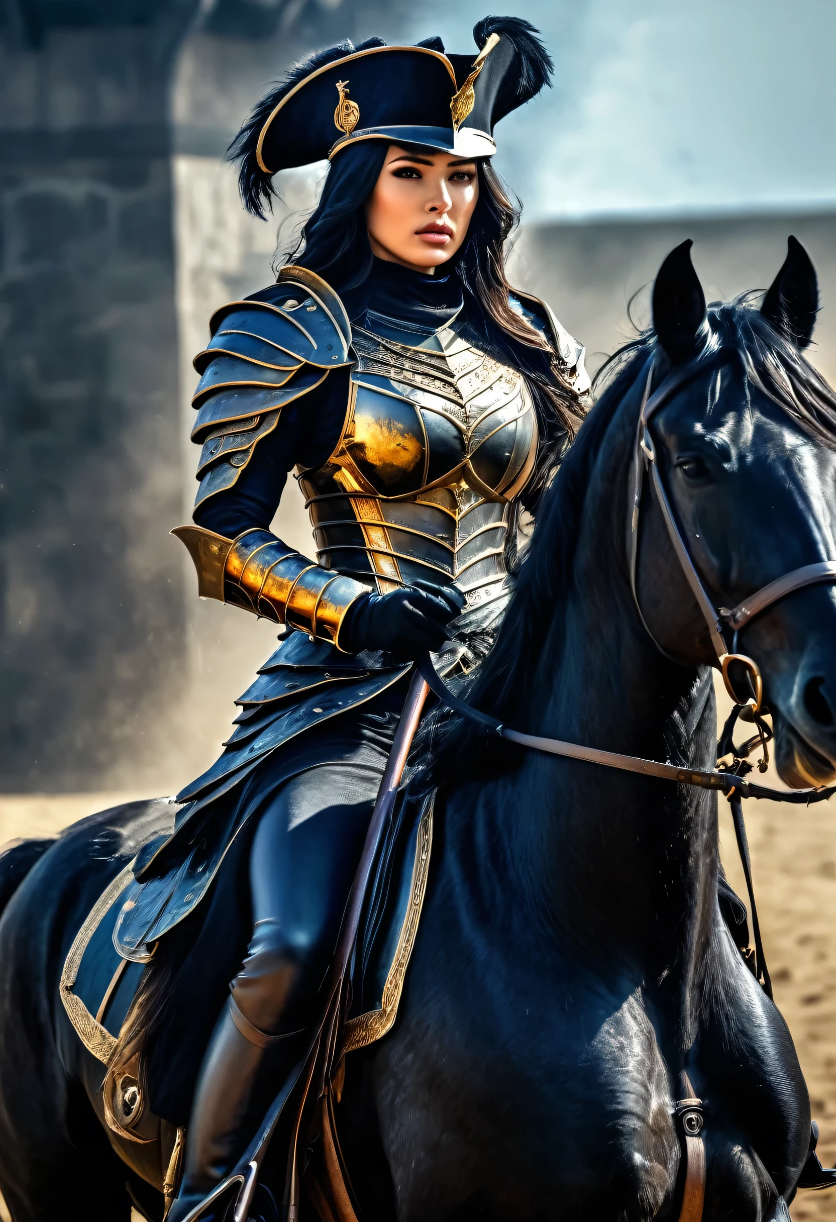 person full body shot,,realistic, beautiful woman(magic:1.1), (spells:1.1), (sorcery:1.1), looking at viewer, action pose,black_knight, body photo, cavalry,armor,soldier hat,black and gold, weapon, long black hair,soldier,horse soldier, war,battleground,8k, hdr, high quality, wallpaper,fantasy realistic ,cinematic,soft wave hair,fantastic,dynamic,magician