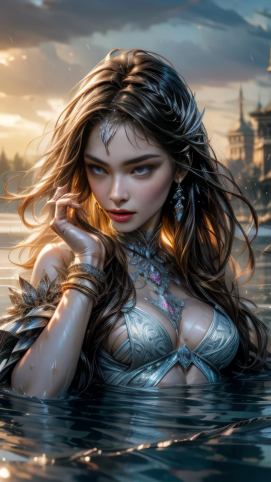 she is a gorgeous woman-like being created out smoke ((she is coming out of a sunset mist), smoke dances around the character, by Vladimir Matyukhin, RAW, intricate, vibrant colors,(((facing viewer)))