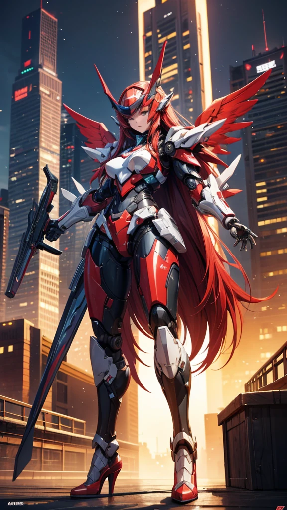 long red hair,Large female robot , Sci-fi fluorescent armor,helmet ,，chest，female body，Mechanical joints，wing，thigh， High heel, Standing，front，sci-fi sword，City(masterpiece, best quality, high quality, High resolution, Extremely detailed),