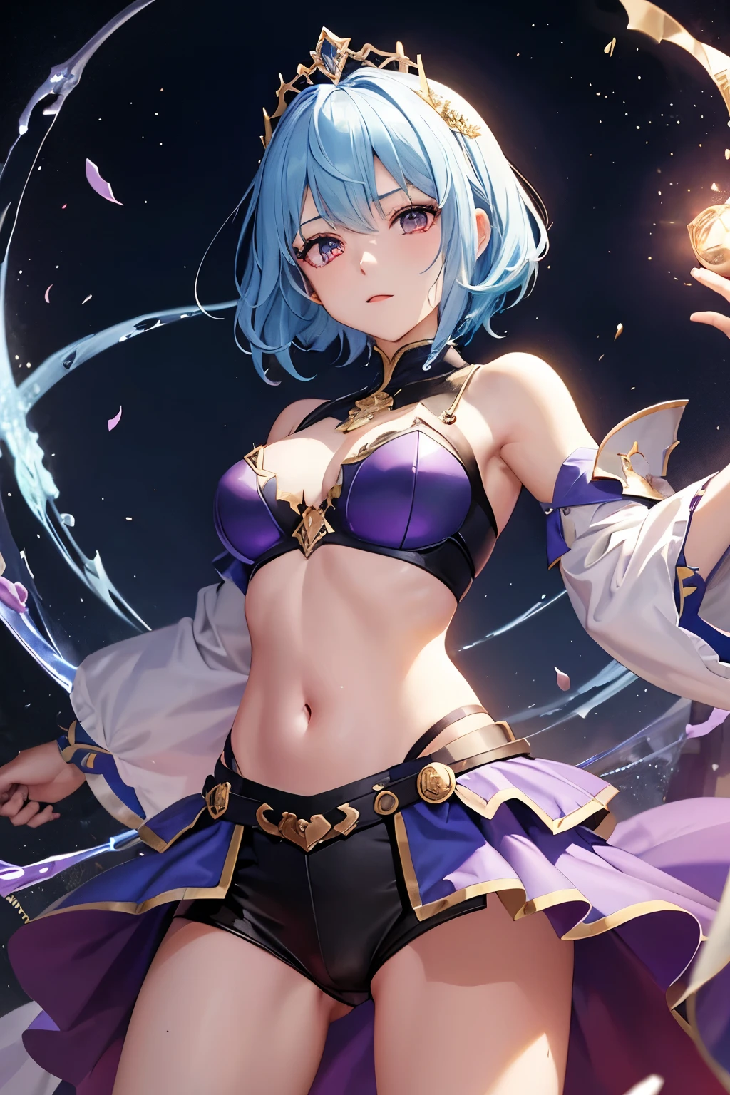 (((highest quality、first-clasasterpiece、Normal body、8k、Detailed face、Ultra-precision、Normal hand、Normal finger、5Finger、)))Brightly colored hair、Golden Turquoise Hair、Short Hair、Shortcuts、Sleeping habit head、Unshaven Head、Small breasts、Beautiful body、Brave、Brave Princess Knight、Rin々A funny expression、Confident、Legendary Sword、Sword of Light、Dragon Sword、Sword and magic circle、Magic Sword、The Great Magic of Light、huge magic circle、Shiny Tiara、Silver Breastplate、knight armor、metalic armor、Armor Skirt、Blue leotard、Navel-baring leotard、Green belt、black half cloak、Evil Eye、Blue and scarlet odd eyeagic circle pattern on eyes、Demon King's Castle、Evil Cave、Swinging a Sword、Sweep with a sword、In combat、Heart mark on uterus、Heart pattern on abdomen、Heart tattoo on belly、Heart mark on navel、The Cursed Princess Knight、The Curse of Passion、Princess Knight Under a Spell