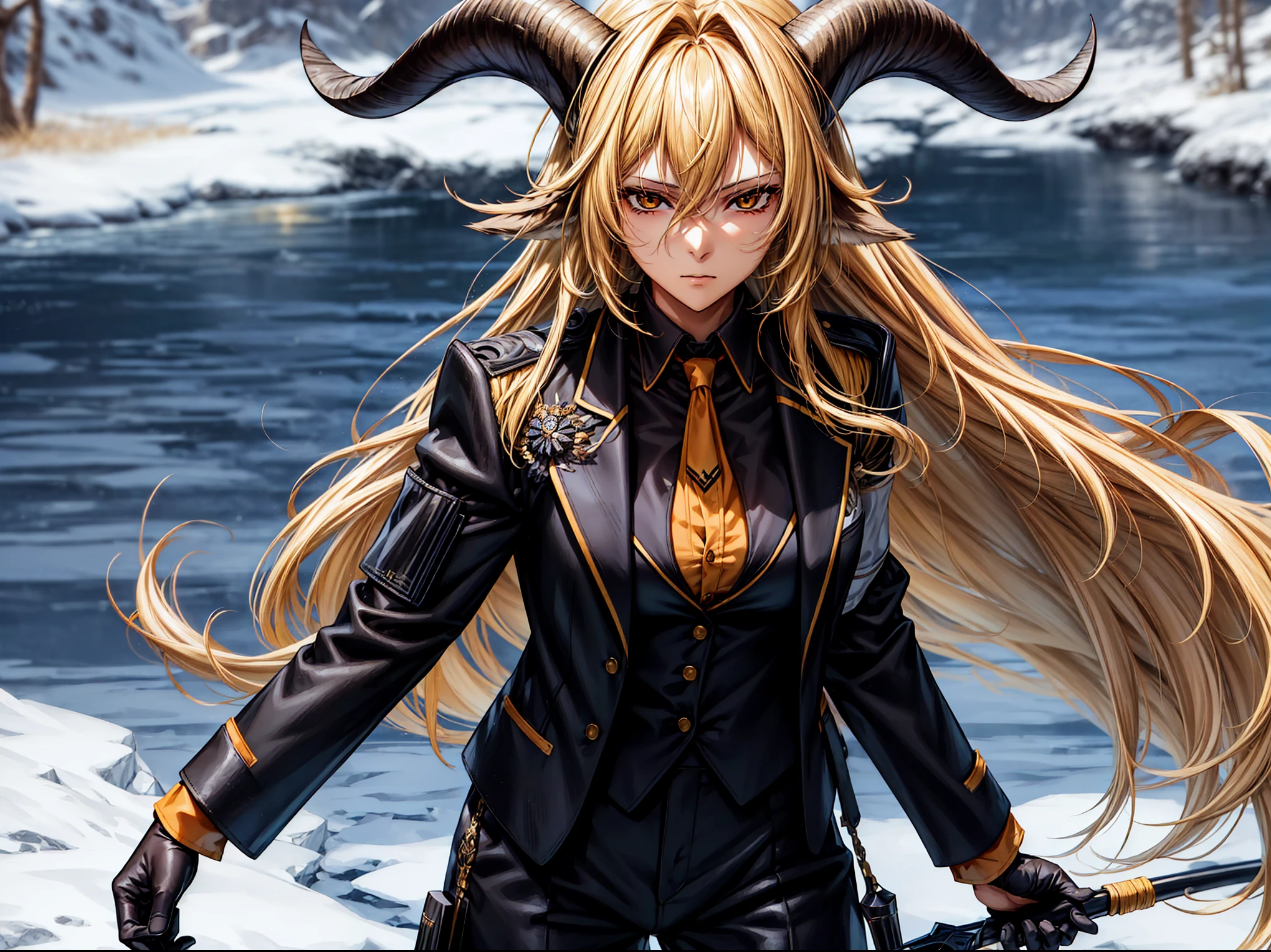 (top-quality、tmasterpiece、high resolution、super high image quality，highly detailed，8K), 30years old，degenbrecher(arknights), goat girl, black necktie, looking at viewer, large breasts, hair between eyes, goat horns, animal ears, solo, long sleeves, stand on the icy lake, long hair, closed mouth, blonde hair, black pants, black gloves, yellow eyes, open shirt，collared shirt, orange shirt, goat ear，cowboy shot，cleavage，army jacket，open jacket，detailed eyes，detailed face