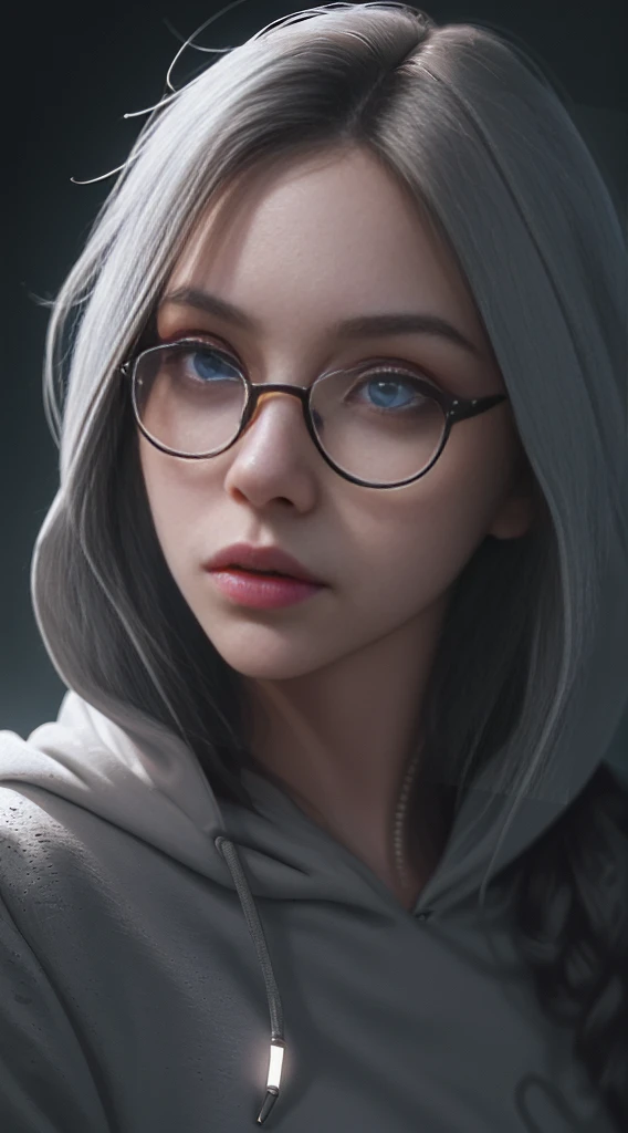 1girl, crop hoodie, glasses, beautiful detailed eyes, beautiful detailed lips, extremely detailed face, longeyelashes, intricate facial features, portrait, digital art, cinematic lighting, dramatic lighting, high contrast, vibrant colors, hyperrealistic, photorealistic, 8k, best quality, masterpiece, hyper detailed
