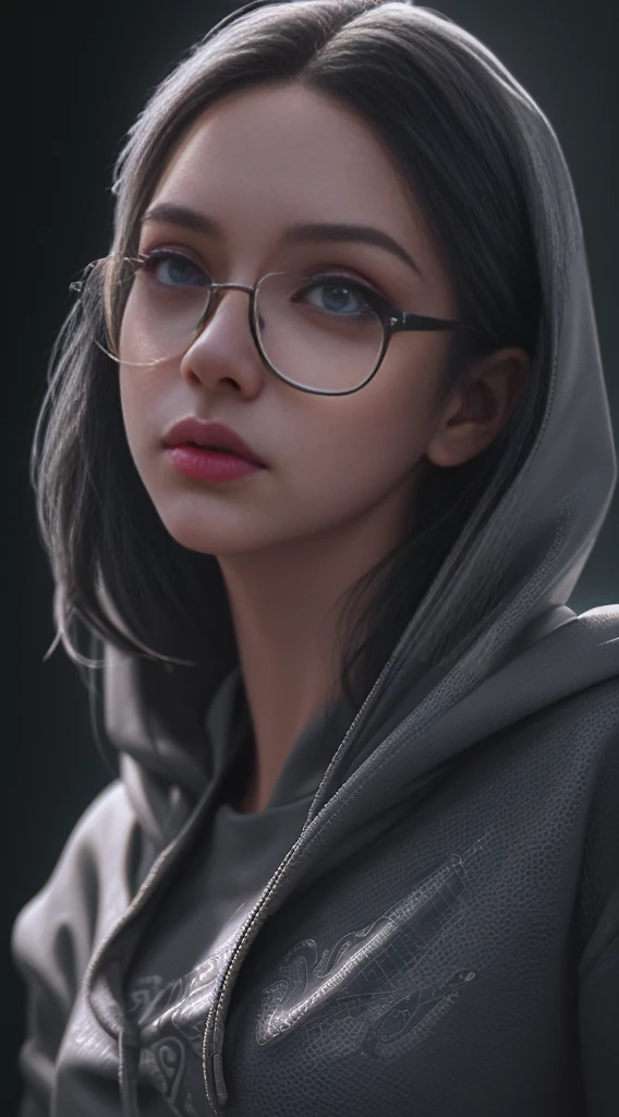 1girl, crop hoodie, glasses, beautiful detailed eyes, beautiful detailed lips, extremely detailed face, longeyelashes, intricate facial features, portrait, digital art, cinematic lighting, dramatic lighting, high contrast, vibrant colors, hyperrealistic, photorealistic, 8k, best quality, masterpiece, hyper detailed
