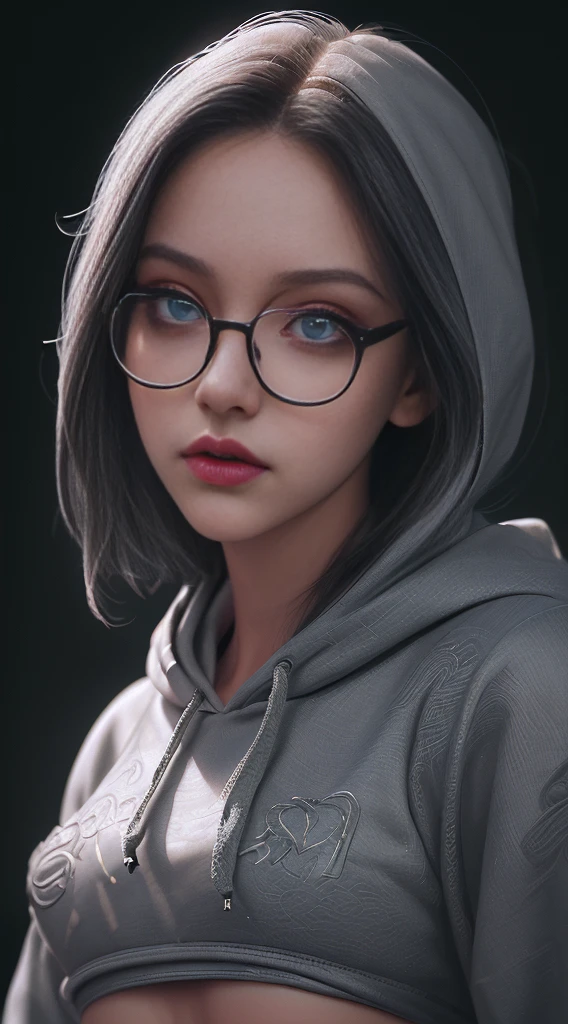 1girl, crop hoodie, glasses, beautiful detailed eyes, beautiful detailed lips, extremely detailed face, longeyelashes, intricate facial features, portrait, digital art, cinematic lighting, dramatic lighting, high contrast, vibrant colors, hyperrealistic, photorealistic, 8k, best quality, masterpiece, hyper detailed