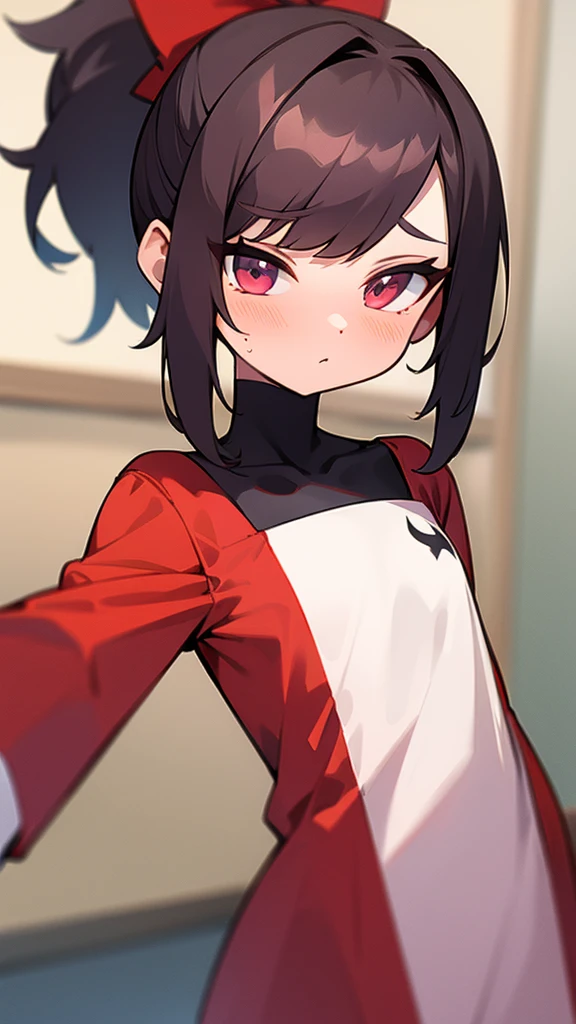 adulto, Cabello negro ondulado, mirada penetrante con ojos profundos de color rojo, estatura promedio, Silky hair with a ponytail hairstyle collected with a red bow with two white lines, tiene pechos medianos, primer plano, session, standing in the middle of his room [[[Risa malvada]]] , Sonrojada, muslos grandes, once, falda corta, blusa corta, elfa