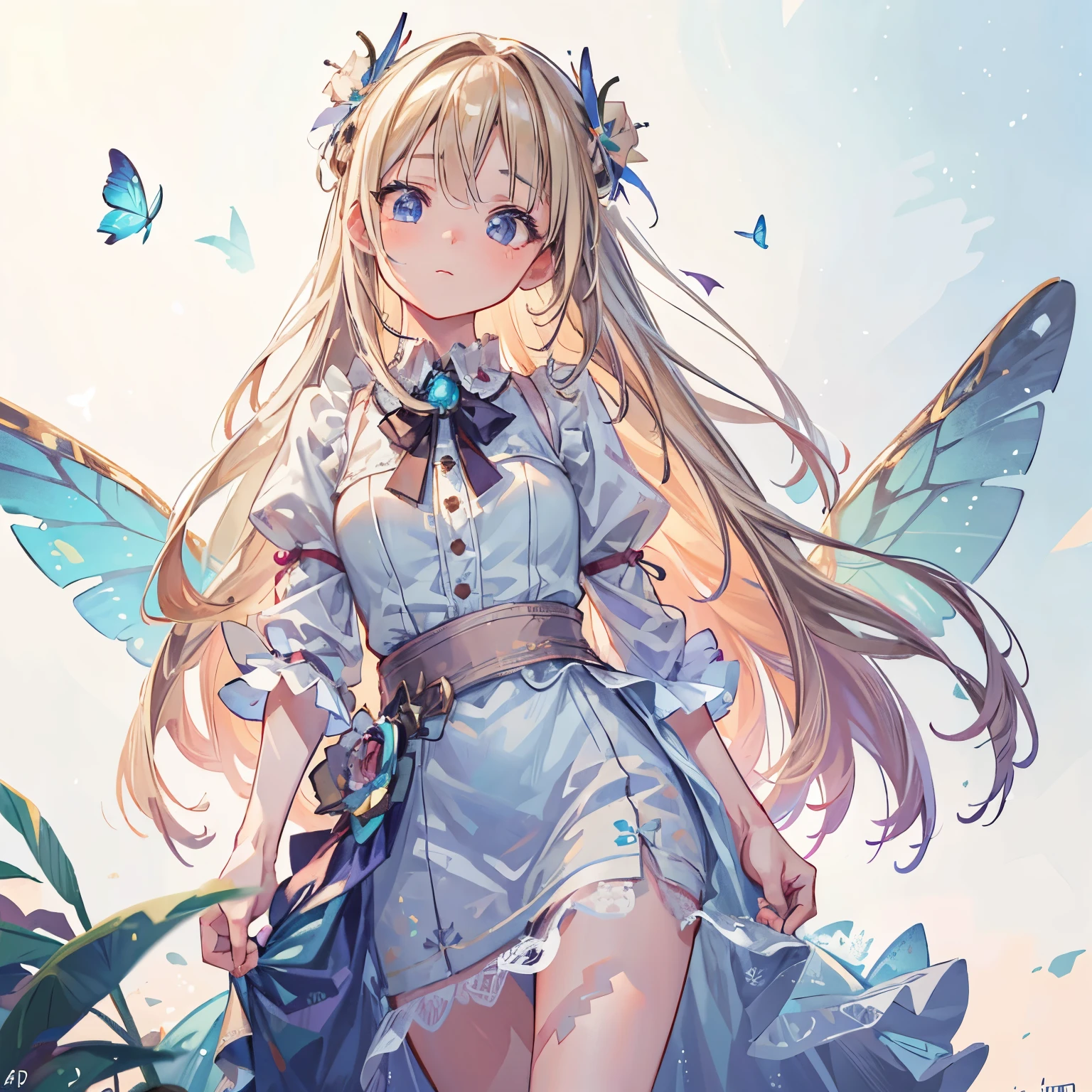 a girl,1girl, , , long flowing blonde hair,heterochromatic eyes,left eye red,right eye blue,wearing an astral dress,short flowing gown,layers of pastel colored translucent fabric,puffy sleeves,asymmetrical skirt resembling butterfly wings,light and airy design,(best quality,4k,8k,highres,masterpiece:1.2),ultra-detailed,(realistic,photorealistic,photo-realistic:1.37),HDR,UHD,studio lighting,ultra-fine painting,sharp focus,physically-based rendering,extreme detail description,professional,vivid colors,bokeh,fantasy,digital art,ethereal,magical realism
