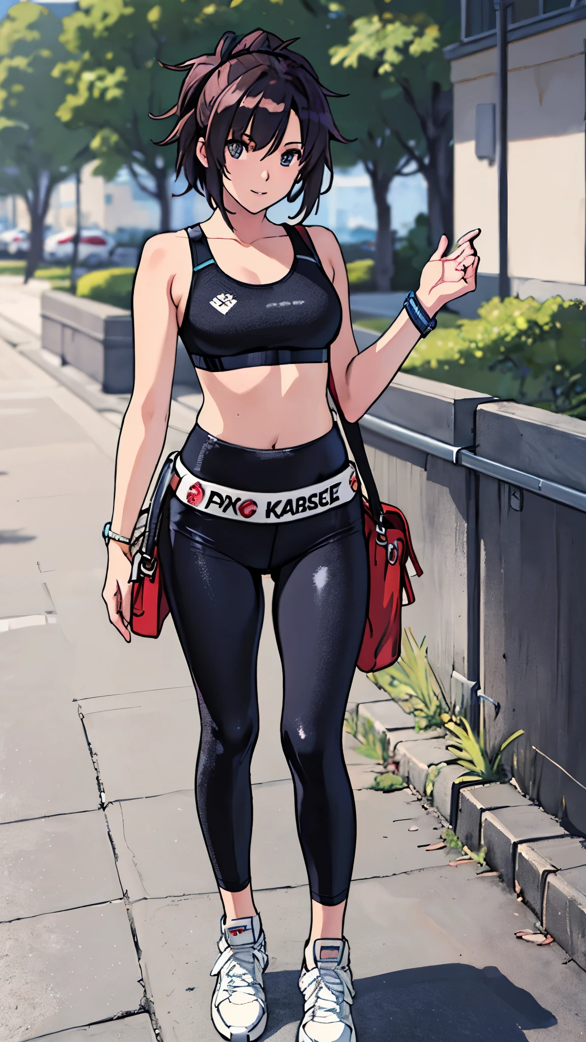 (Best Quality,4K,8K,hight resolution,masutepiece:1.2), Ultra-detailed, (Realistic,photoRealistic,photo-Realistic:1.37), ((full body)),((very-short-hair-girl)), Wearing sweat,grin,arms up,((sports bra and black leggings)), wristbands,White loose socks,Black sneakers,Beautiful detailed eyes, Beautiful detailed lips, extremely detailed eye and face, long eyelashes, Realistic anime 3D style, Smooth Anime CG Art, Digital rendering by Makoto Shinkai, Moe Anime Art Style, photoRealistic rendering of an anime girl, Shinkai Makoto style, Cute anime girl visuals, Realistic young anime girl, girl fan art, Created by Anime Artist'studio of.