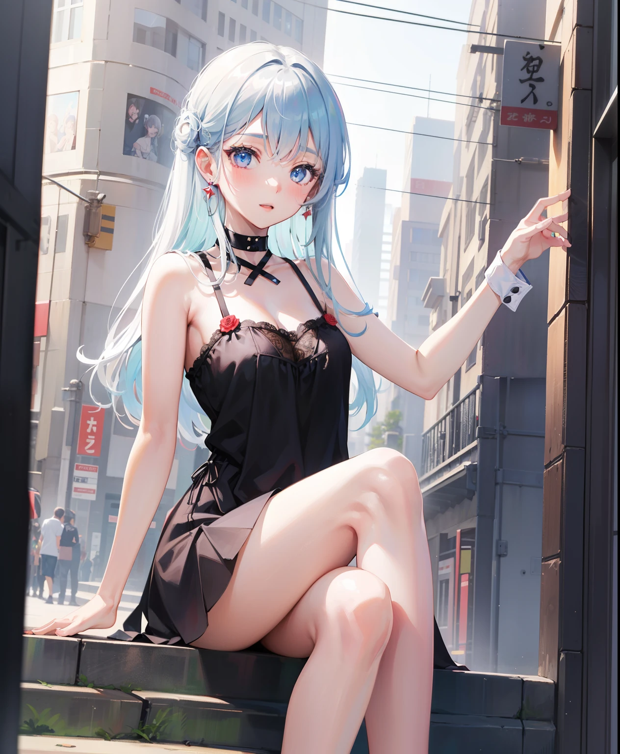 1 girl, , Dynamic posing, dynamic angle, Arrange pose,Top quality work,Show Legs,(long white hair),(blue eyes), Rose cheeks, Pretty Face, A perfectly proportioned face, casual mini dress, tokyo street,white wall background, round small breasts, summer