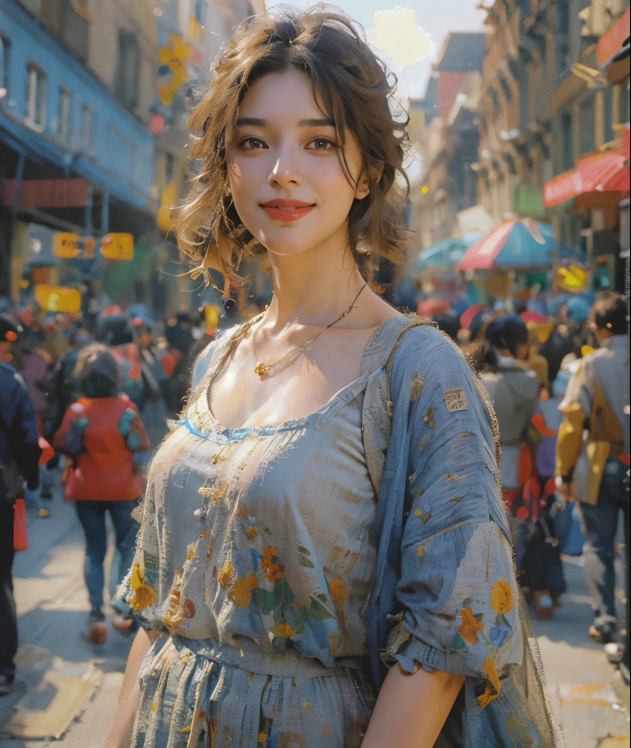 a smiling girl standing in the middle of a crowded street, detailed face, beautiful eyes, long eyelashes, detailed lips, detailed skin, long hair, colorful dress, (best quality,4k,8k,highres,masterpiece:1.2),ultra-detailed,(realistic,photorealistic,photo-realistic:1.37),cinematic lighting, vibrant colors, urban scene, cityscape, dynamic composition, photorealistic, 3d rendering, concept art