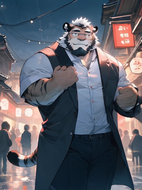 hairy，（tiger，Black-rimmed glasses，White long-sleeved shirt，roll up sleeves），beard，White fur，male，Common，full-body shot， Dynamic poses，Smile，Rainy Day，night，dark night，fireworks，Spring Festival，Detailed background，极其lifelike阴影，masterpiece，Very detailed，lifelike