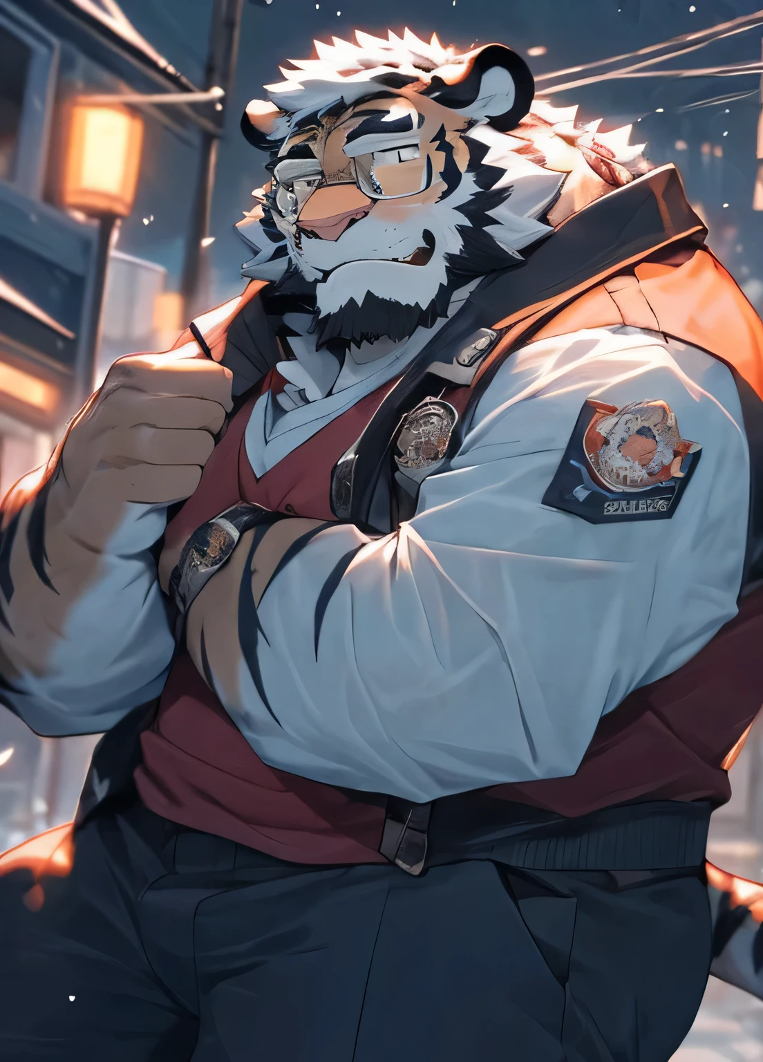 hairy,(tiger,Black-rimmed glasses,Orange Firefighter Costume),beard,White fur,male,Common,full-body shot, Dynamic poses,giggle,Rainy Day,night,dark night,Detailed background,Extremely lifelike shadow,masterpiece,Very detailed,lifelike