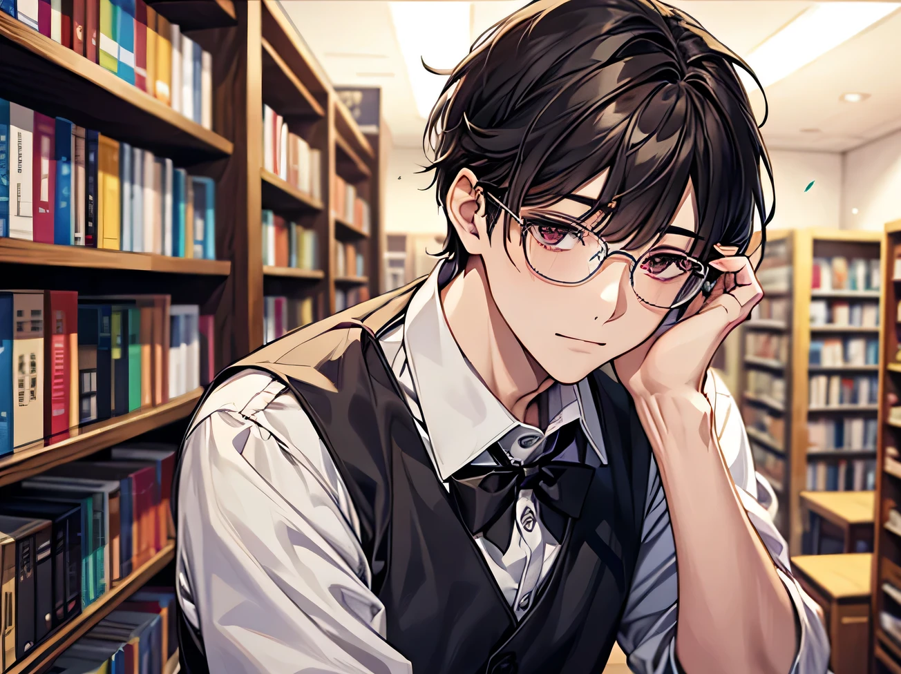 Male,Upper Body,masterpiece,highest quality,Face close-up, (Anime Male),melancholy, book store clerk, apron,Male,2５age,male,alone,Glasses,Kedaruge、Downer,shirt,Her hair is half tied up, Brown,book store,Background Bookshelf